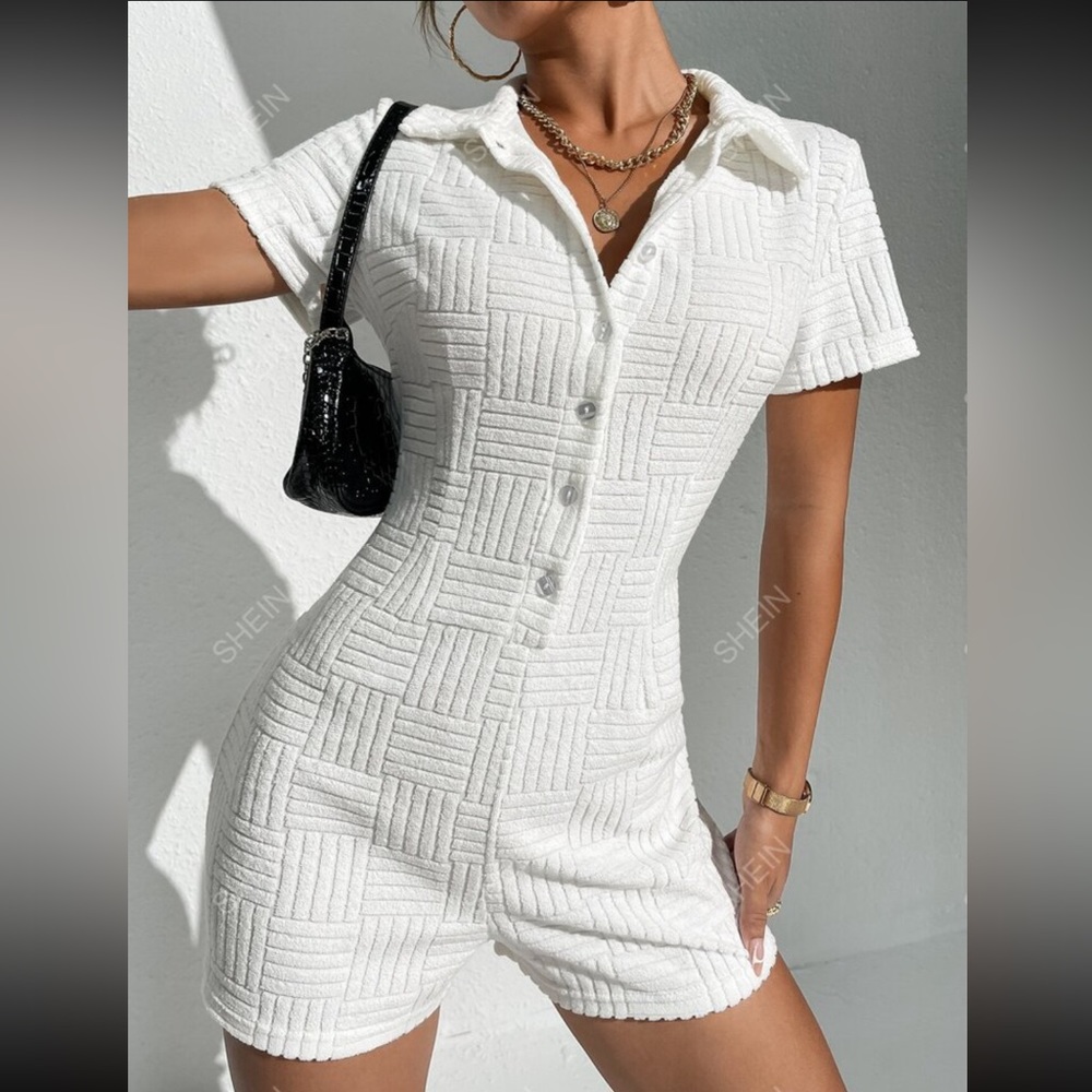 SHEIN EZwear Button Front Textured Shirt Romper